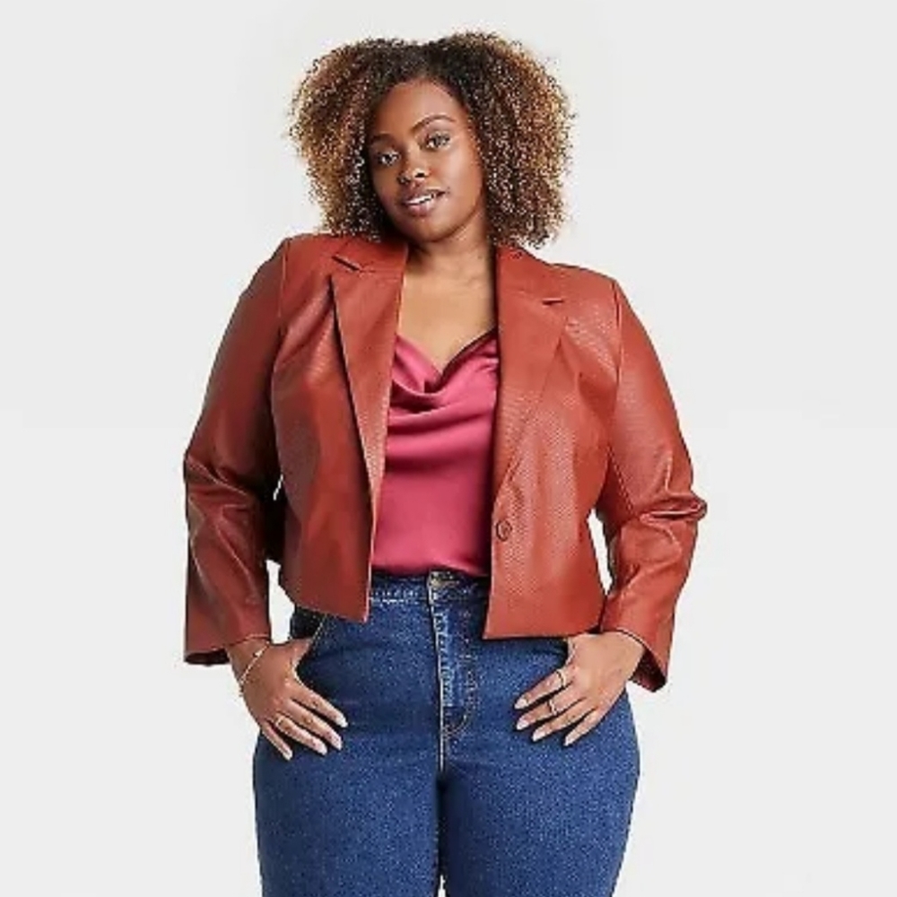 Women's Cropped Faux Leather Blazer - Ava & Viv Brown XXL/17